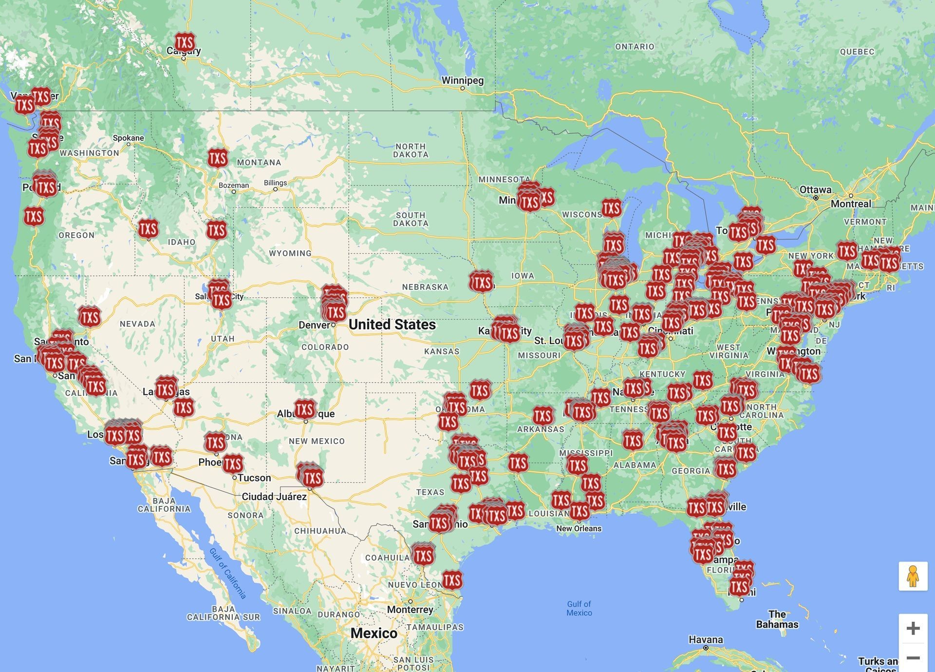Map of the United States with multiple red 'TXS' markers indicating various locations.
